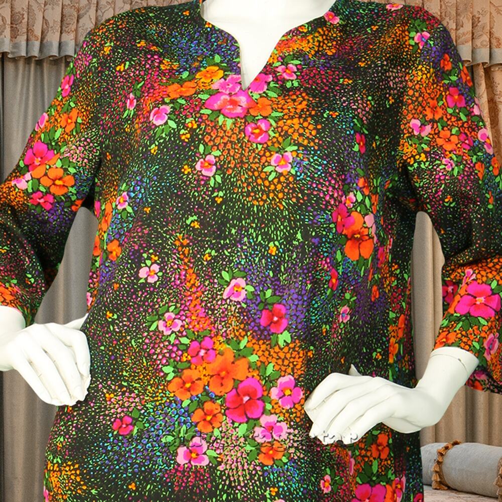 70s Vintage Floral Print Dress XL